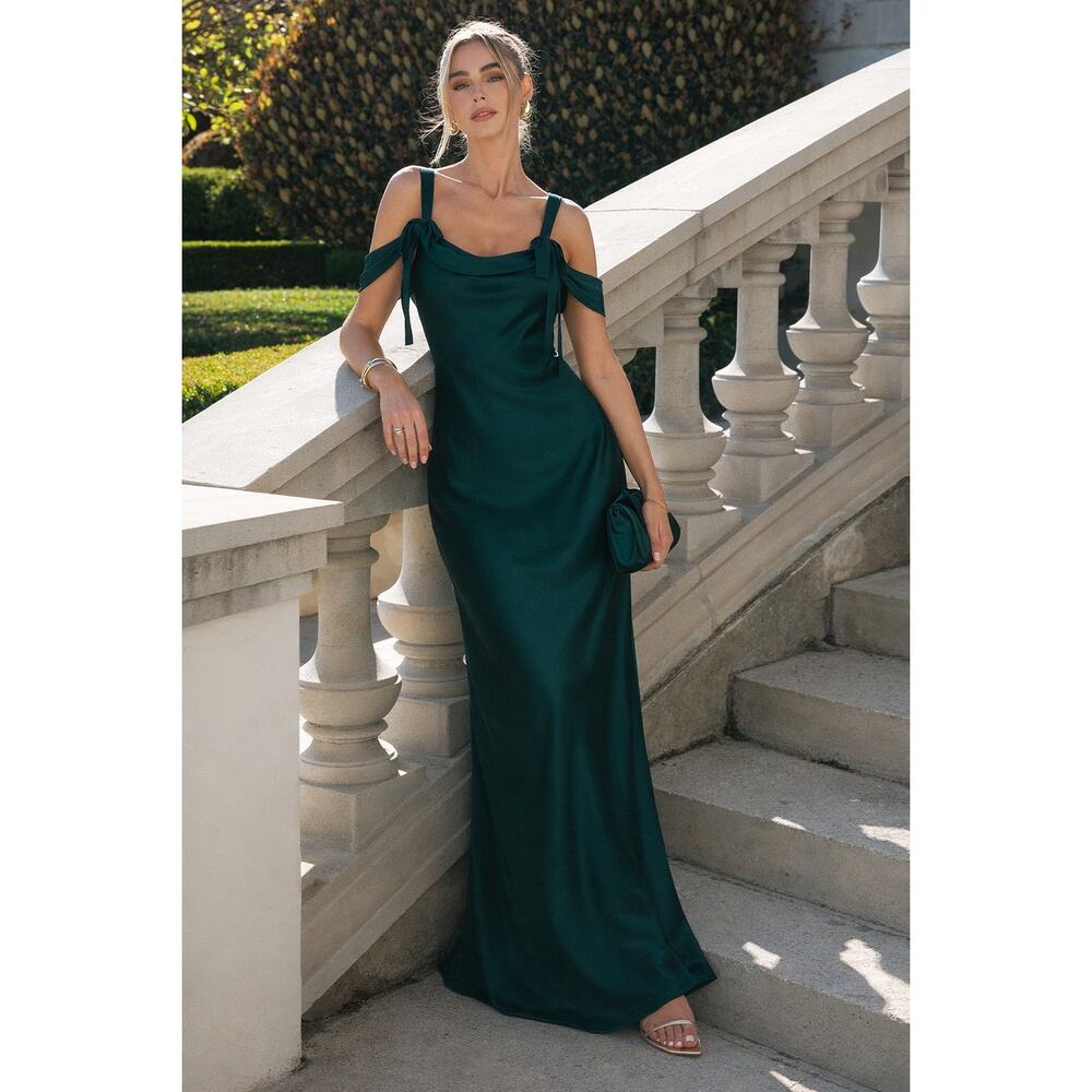 Show Me Your Mumu Bella Maxi Dress in Deep Emerald Luxe Satin S